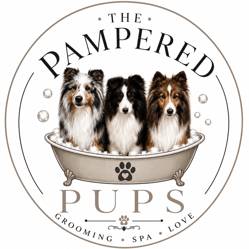 The Pampered Pups logo — three shelties in a clawfoot bathtub surrounded by bubbles