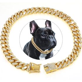 Dog Chain Crystal Artificial Diamondoid Dog Collar Walking Metal Chain Collar With Secure Buckle (Color: Golden)